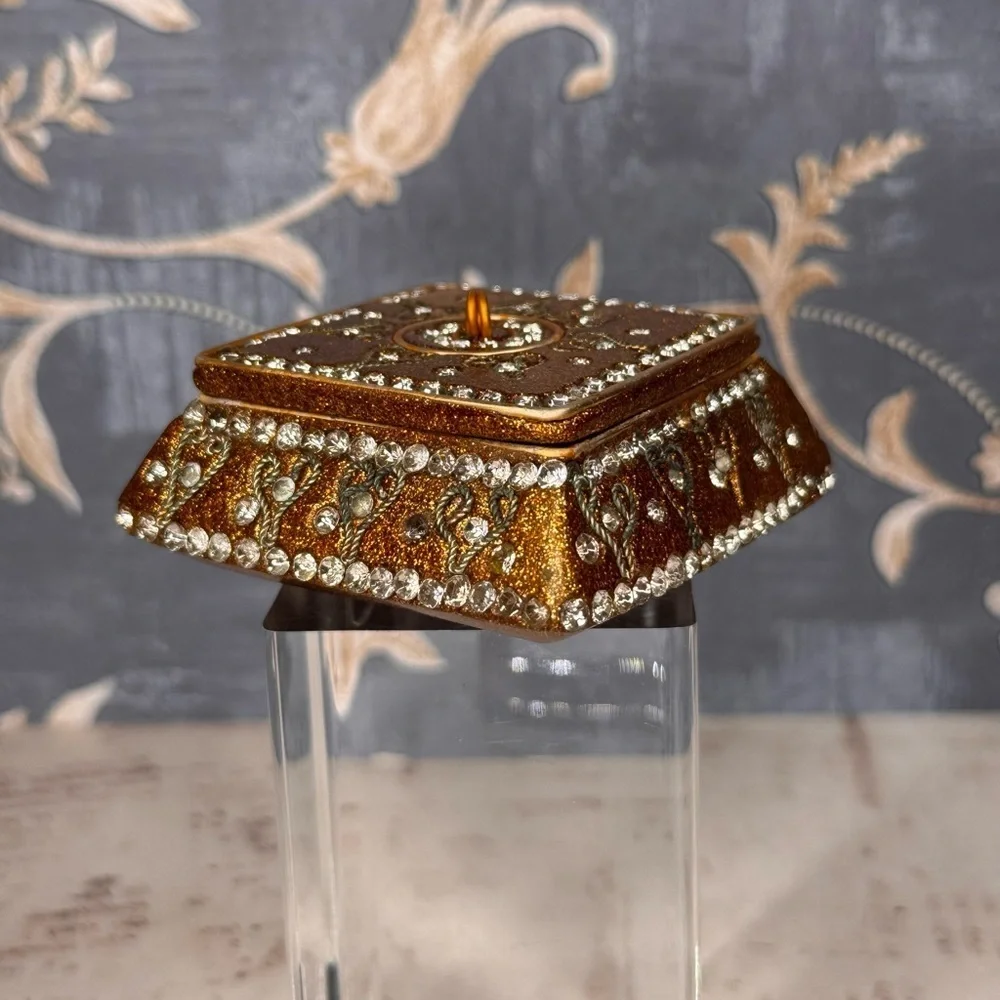 Vintage Gold Jeweled Trinket Box Rhinestone Enamel Square Ormolu Casket